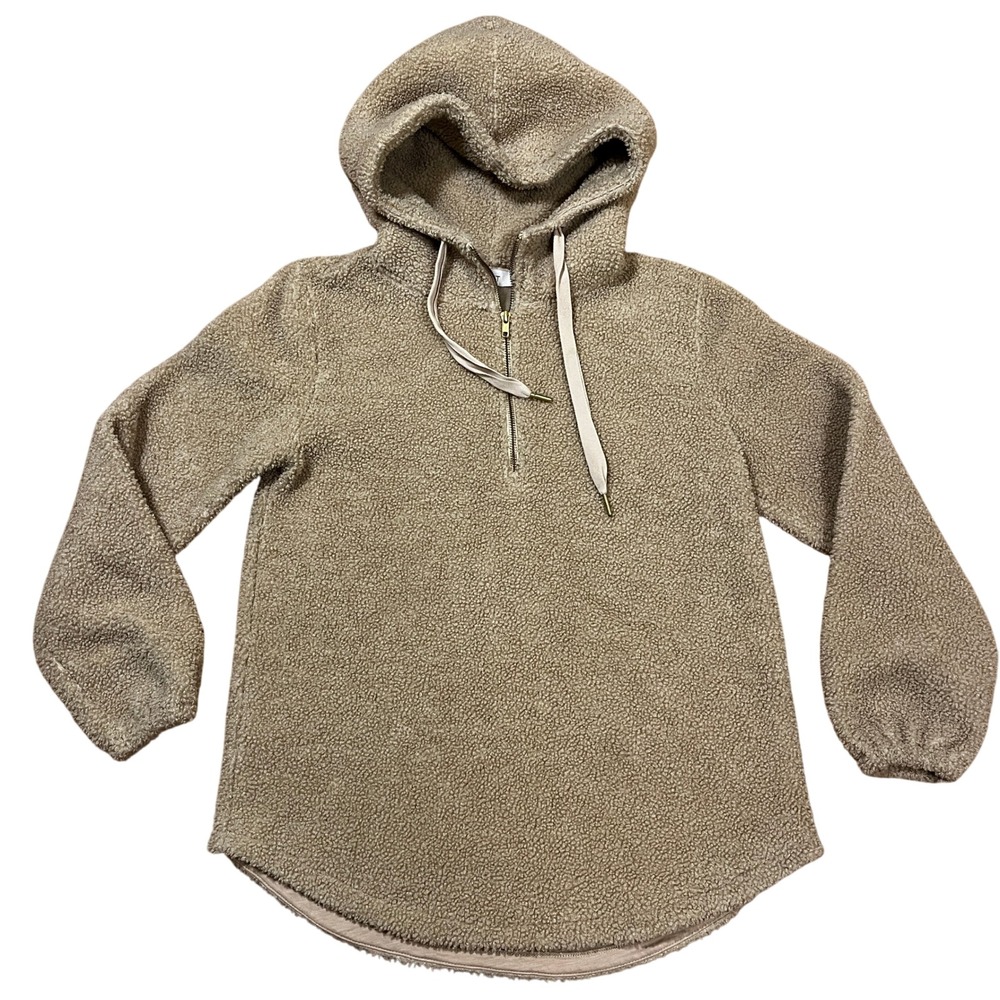 LOFT Tan Sherpa Fleece Quarter Zip Hoodie Pullover S Teddy Cozy Cabincore
